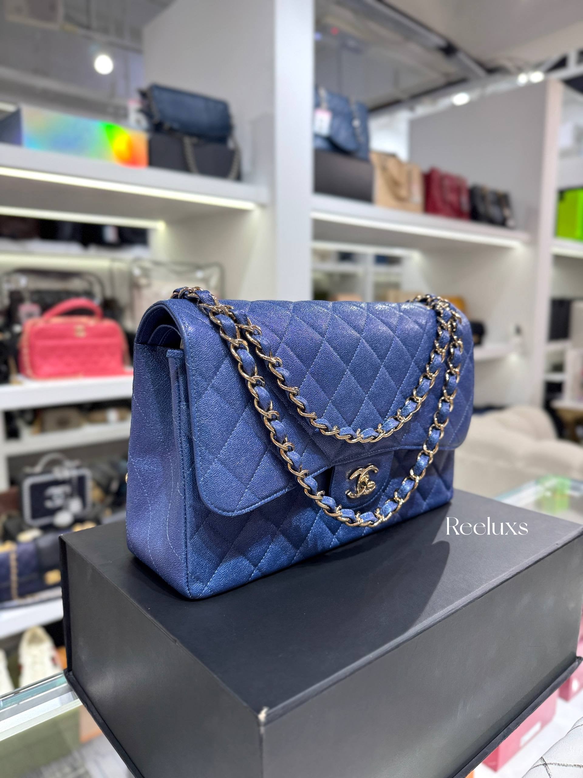 CHANEL Iridescent Caviar Quilted Leather Medium Classic Double Flap Bag Full Set