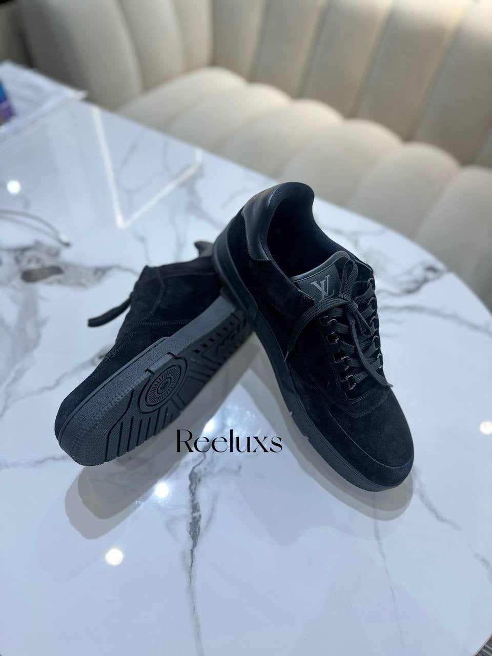 LOUIS VUITTON Black Suede Leather LV Trainer Sneakers Men’s Shoes Size 11 1/2