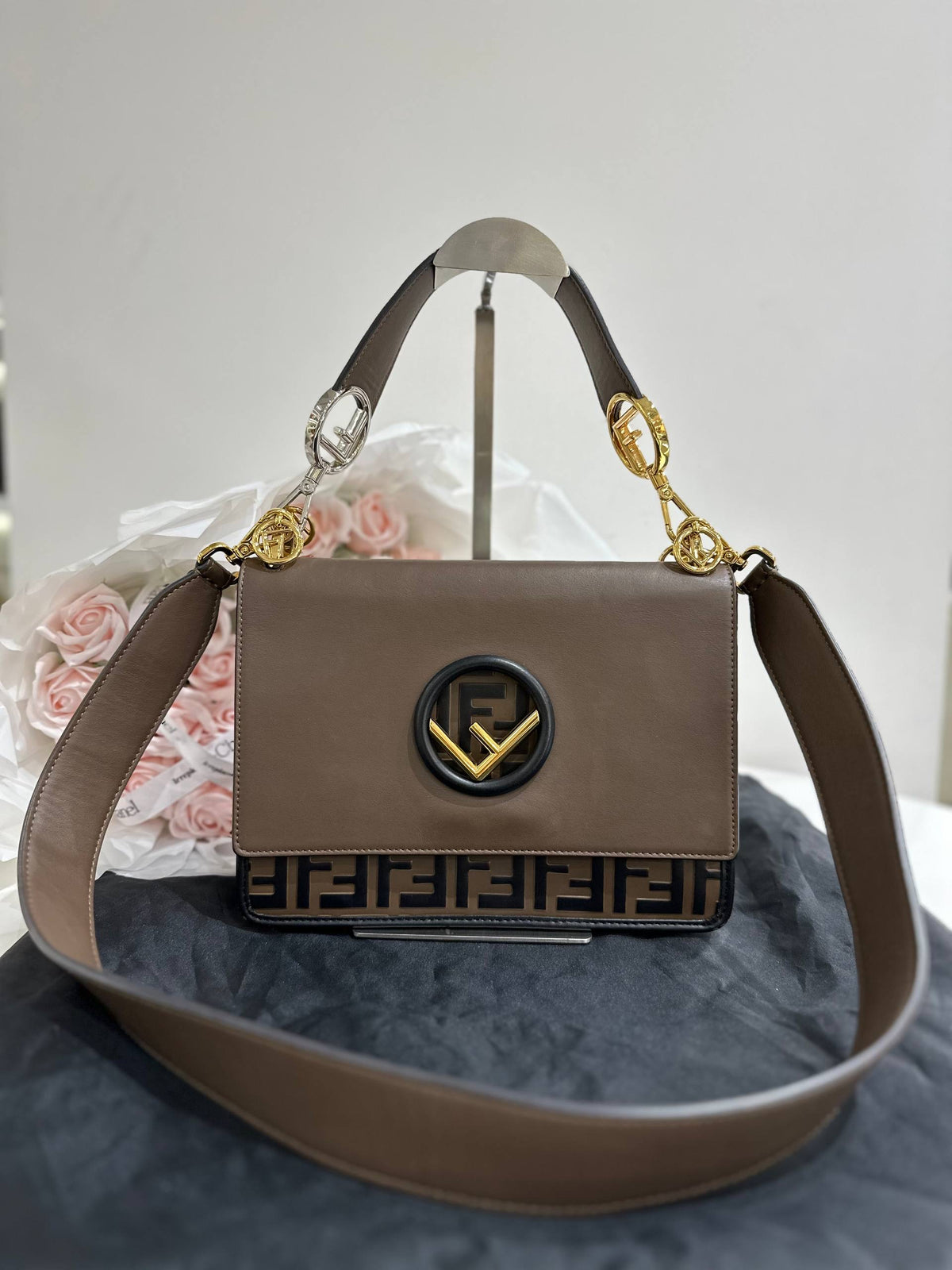 FENDI Kan I F Shoulder Bag in Taupe Brown Leather with FF Zucca Embossed Detail