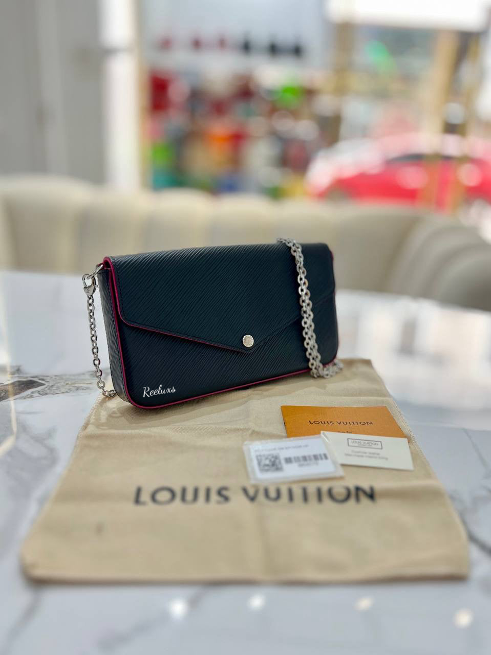 LOUIS VUITTON LV Pochette Felicie&nbsp; Epi Leather Noir Hot Pink Sling Bag