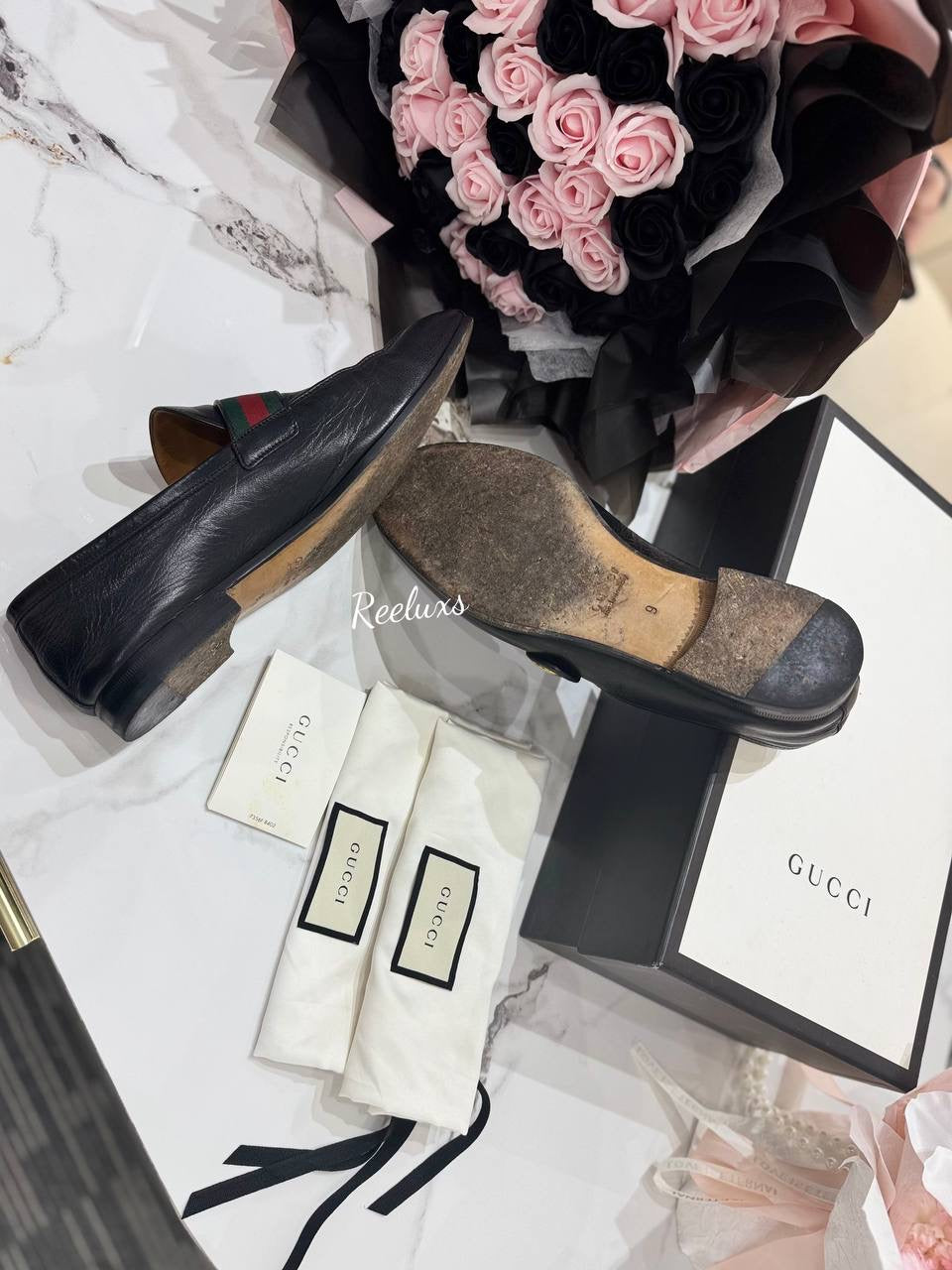 GUCCI Black Leather Marmont GG Loafers