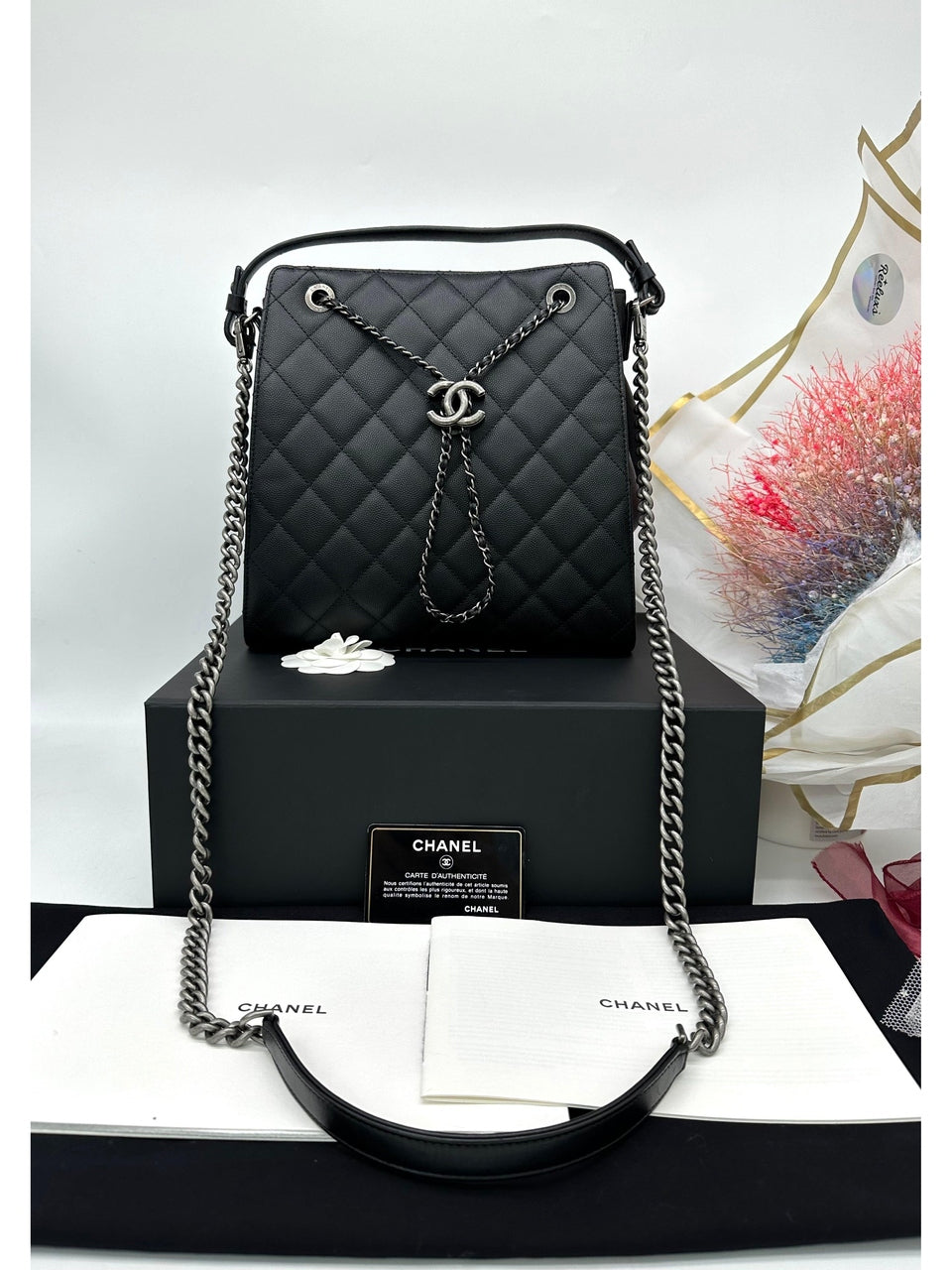 CHANEL Black Quilted
Caviar Leather CC Large Accordion Bucket Bag - Reeluxs 