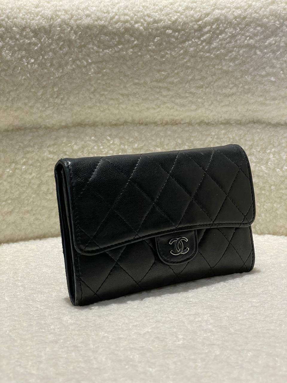 CHANEL Quilted Lambskin Flap Silver Hardware Long Wallet