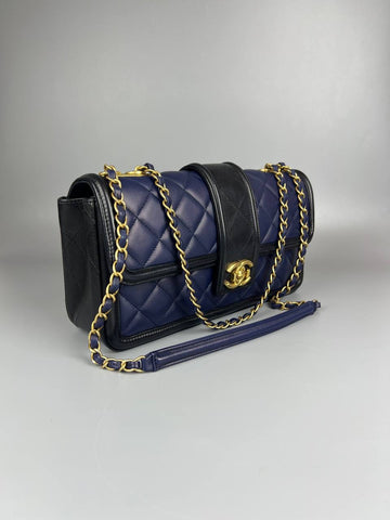 CHANEL Elegant CC Flap Bag Navy Black Quilted Medium