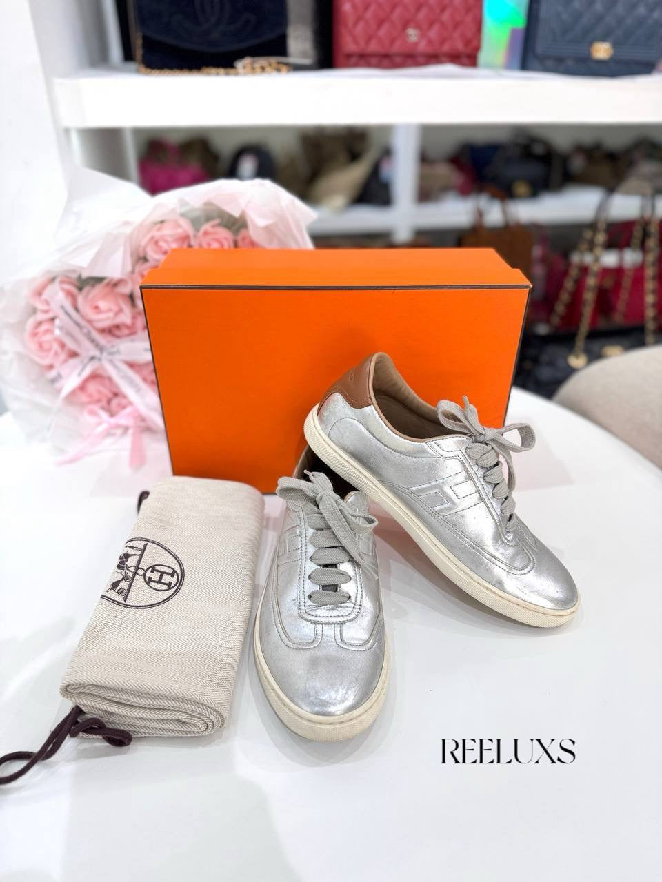 HERMES Quicker Metallic Silver Leather Sneakers