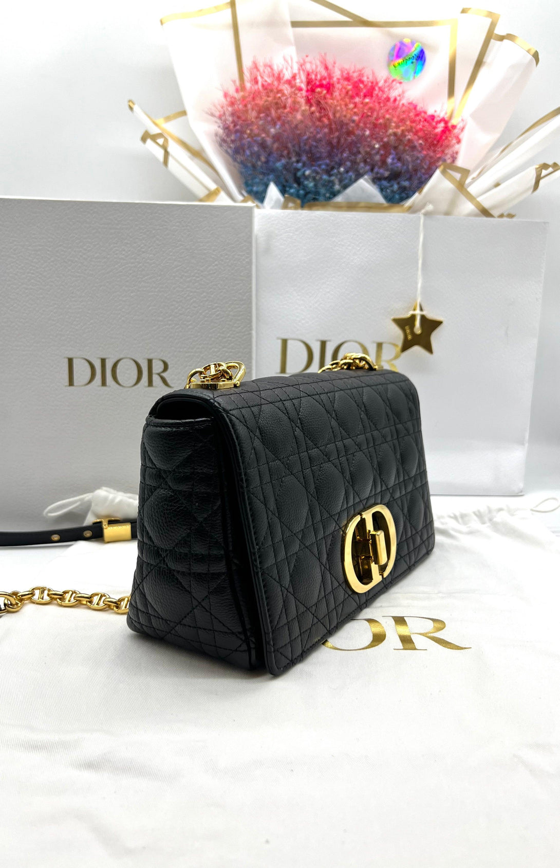 Christian Dior Caro Medium Chain Shoulder Bag Leather Black - Reeluxs 