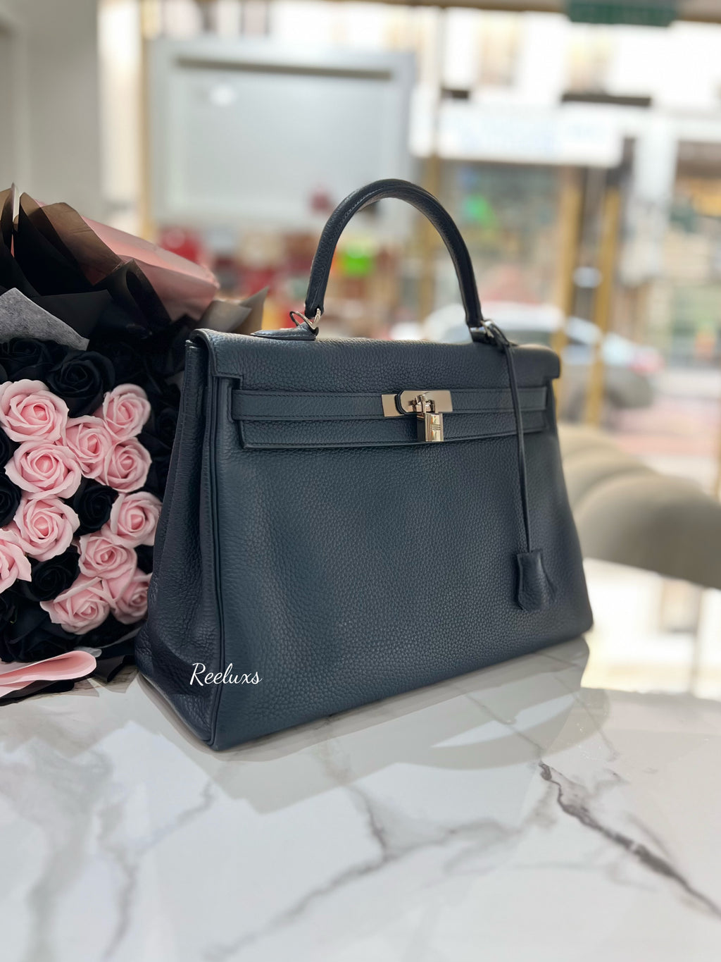 HERMES Kelly 35cm 2Way Use Blue Nuit Togo Leather