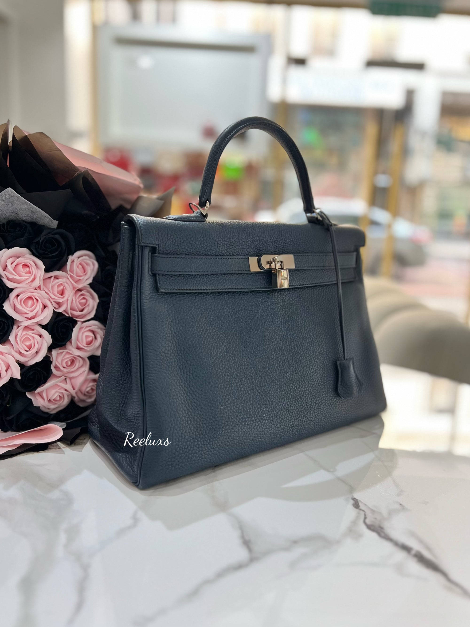HERMES Kelly 35cm 2Way Use Blue Nuit Togo Leather