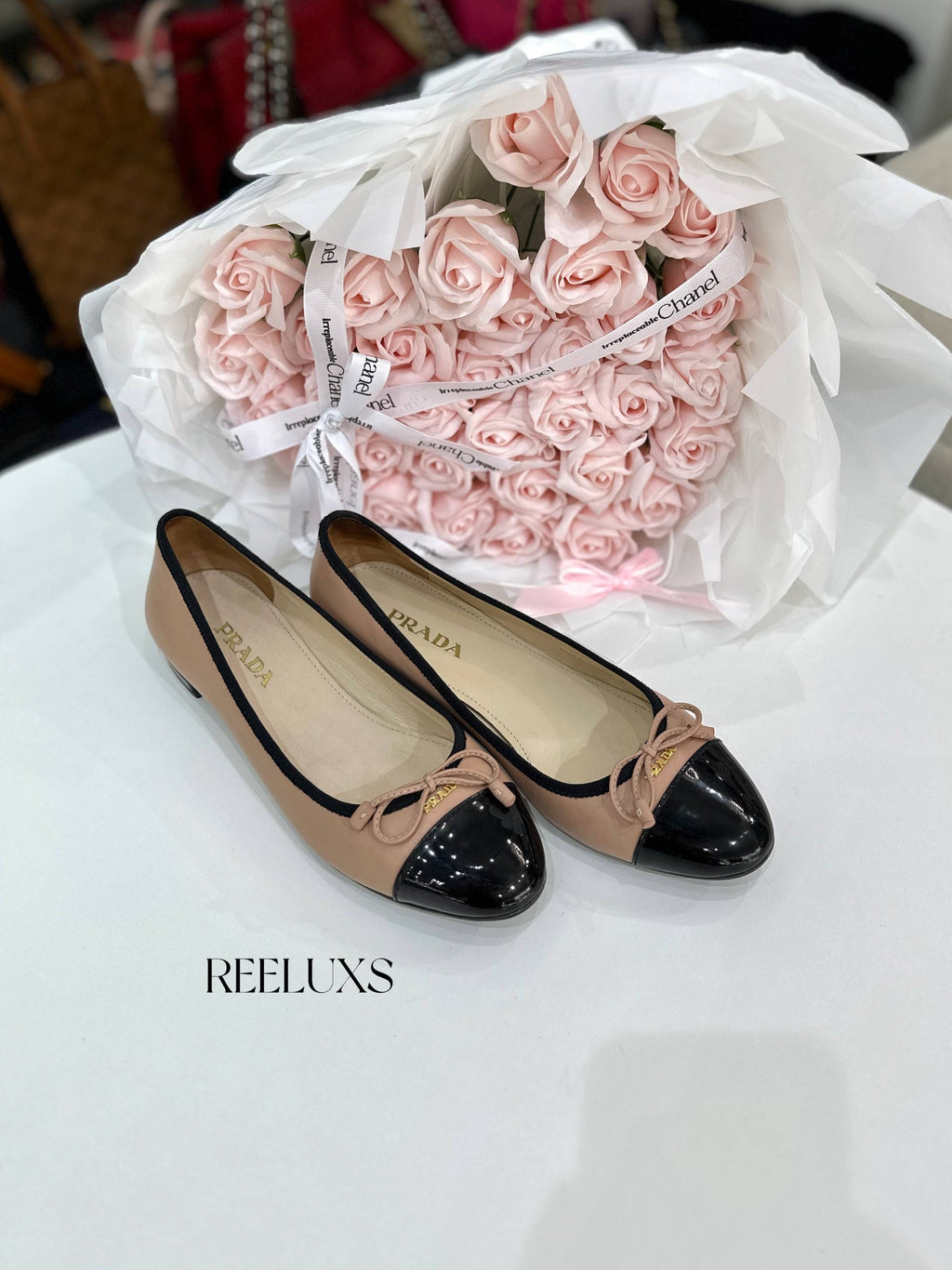 PRADA Patent Leather Cap-Toe Bow Ballet Flats
