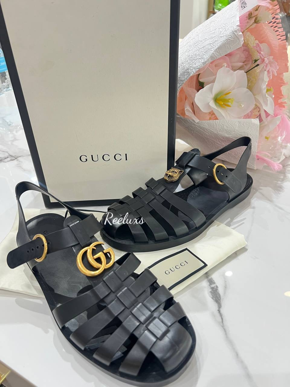 GUCCI Rubber Man Buckle Strap Sandals