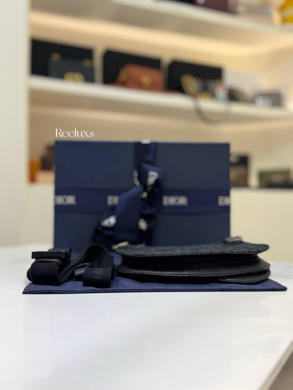 CHRISTIAN DIOR Saddle Messenger Bag Black Oblique Jacquard Canvas and Tonal Grained Calfskin Flap