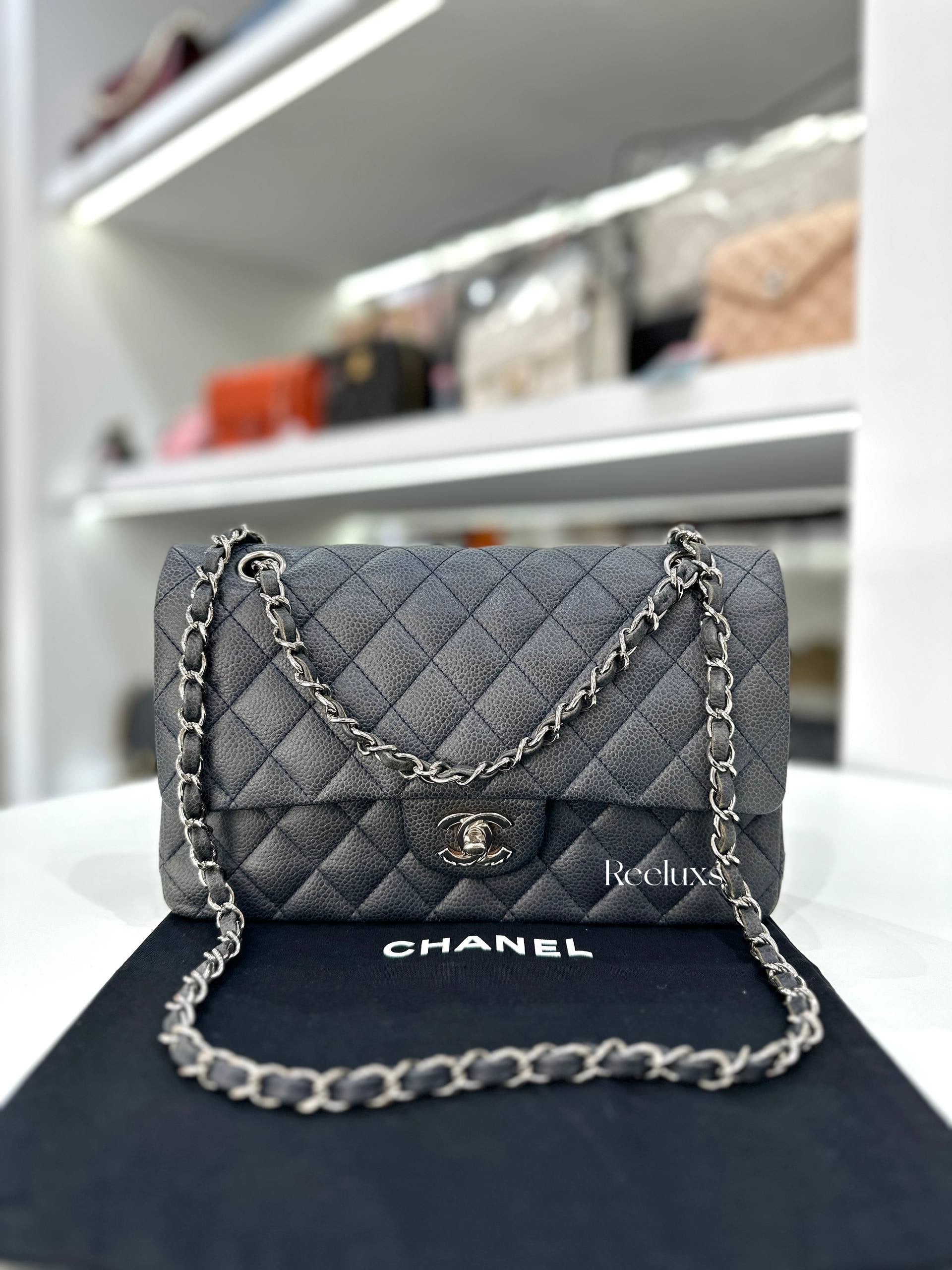 CHANEL Classic Flap Bag Grey Quilted Caviar SHW