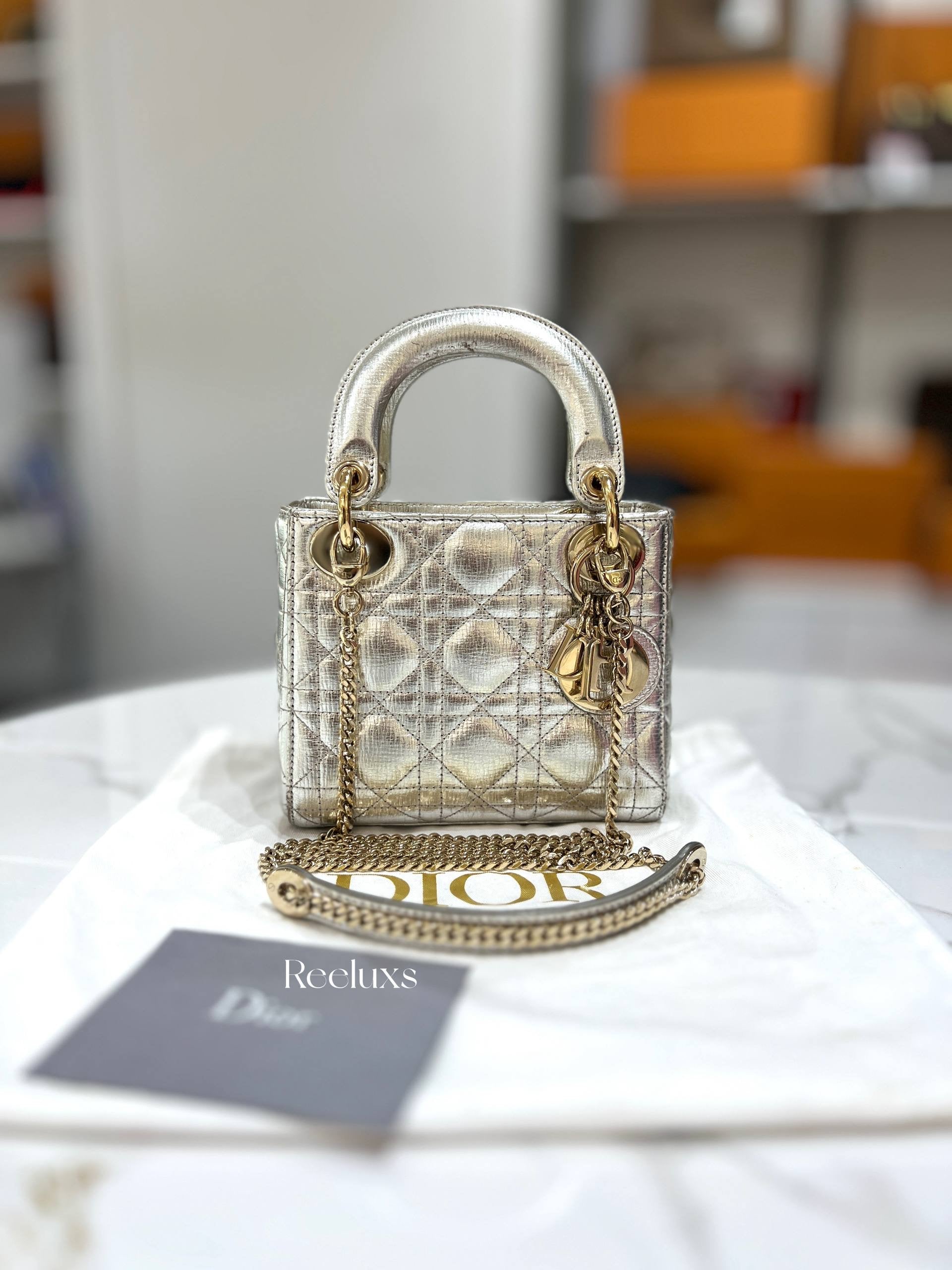 Mini Lady Dior Metallic Silver-tone Leather Bag