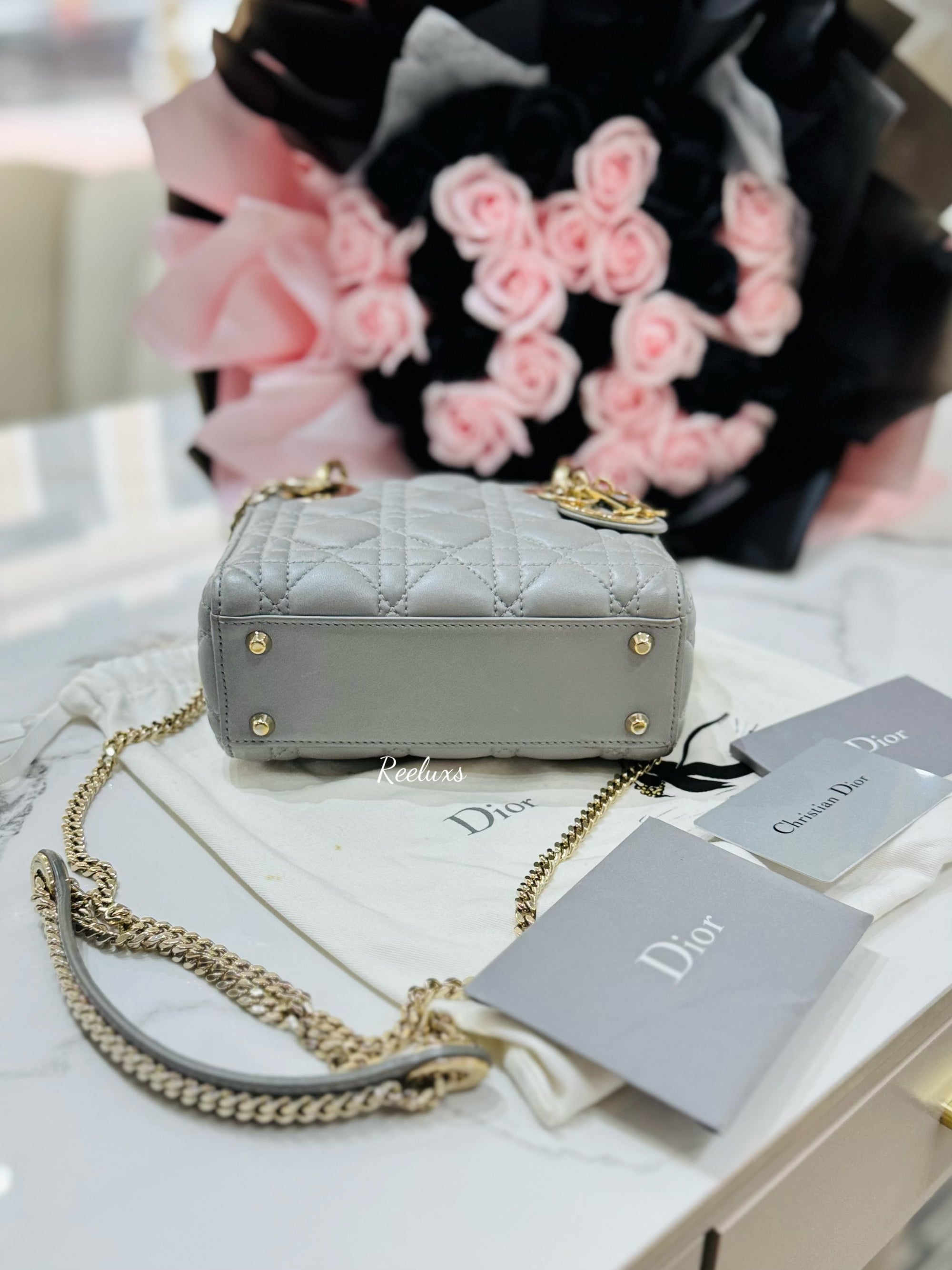 CHRISTIAN DIOR Mini Lady Dior Bag Opaline Gray Pearlescent Cannage Lambskin Shoulder Bag