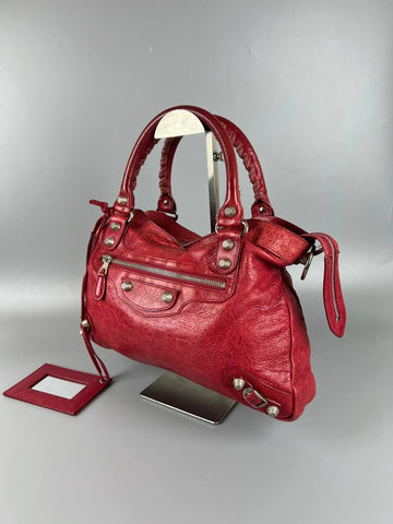 BALENCIAGA The City 2- way Leather Handbag Sling Bag Red