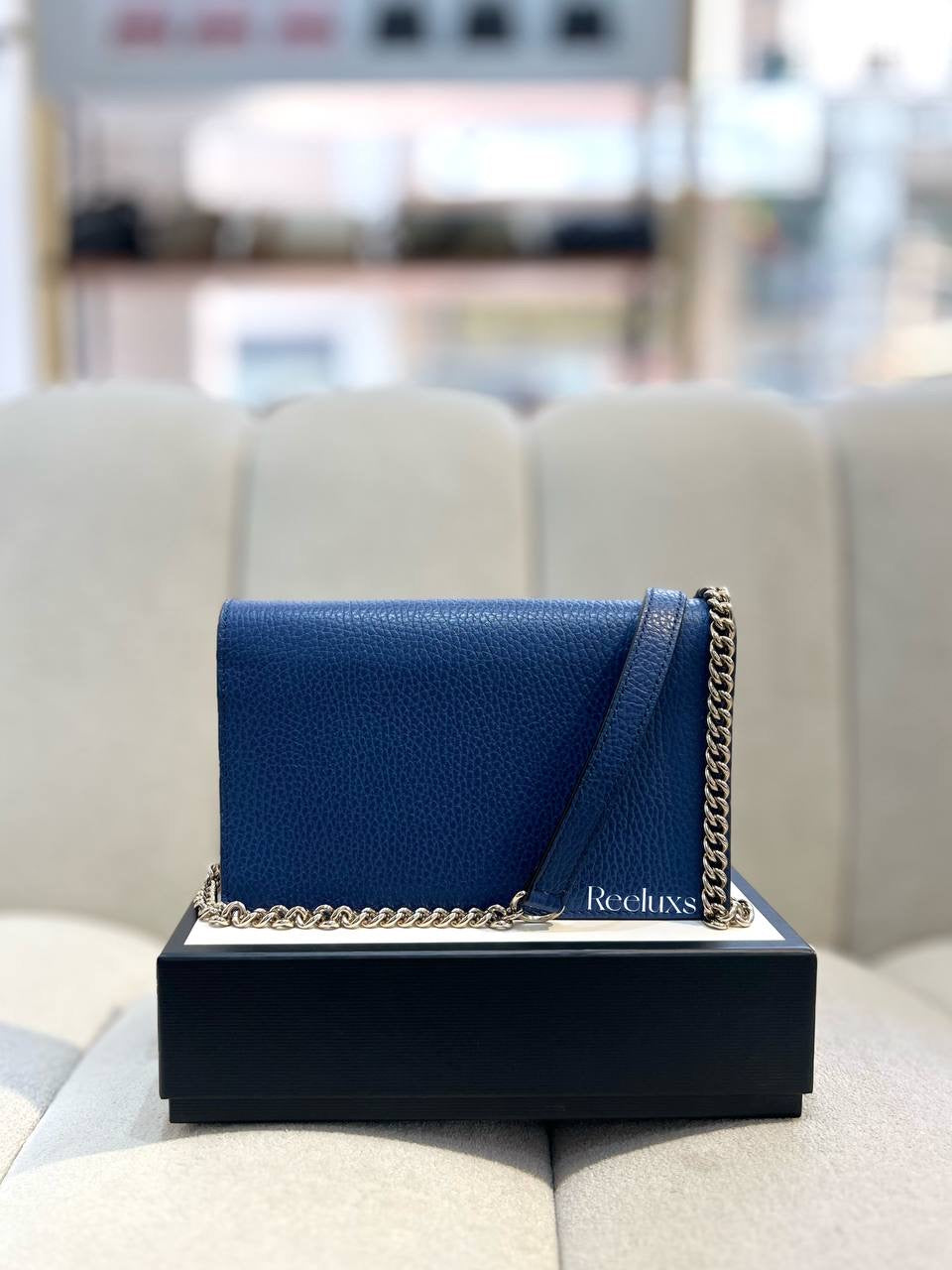 FullSet GUCCI Blue Leather Interlocking GG Wallet On Chain - WOC