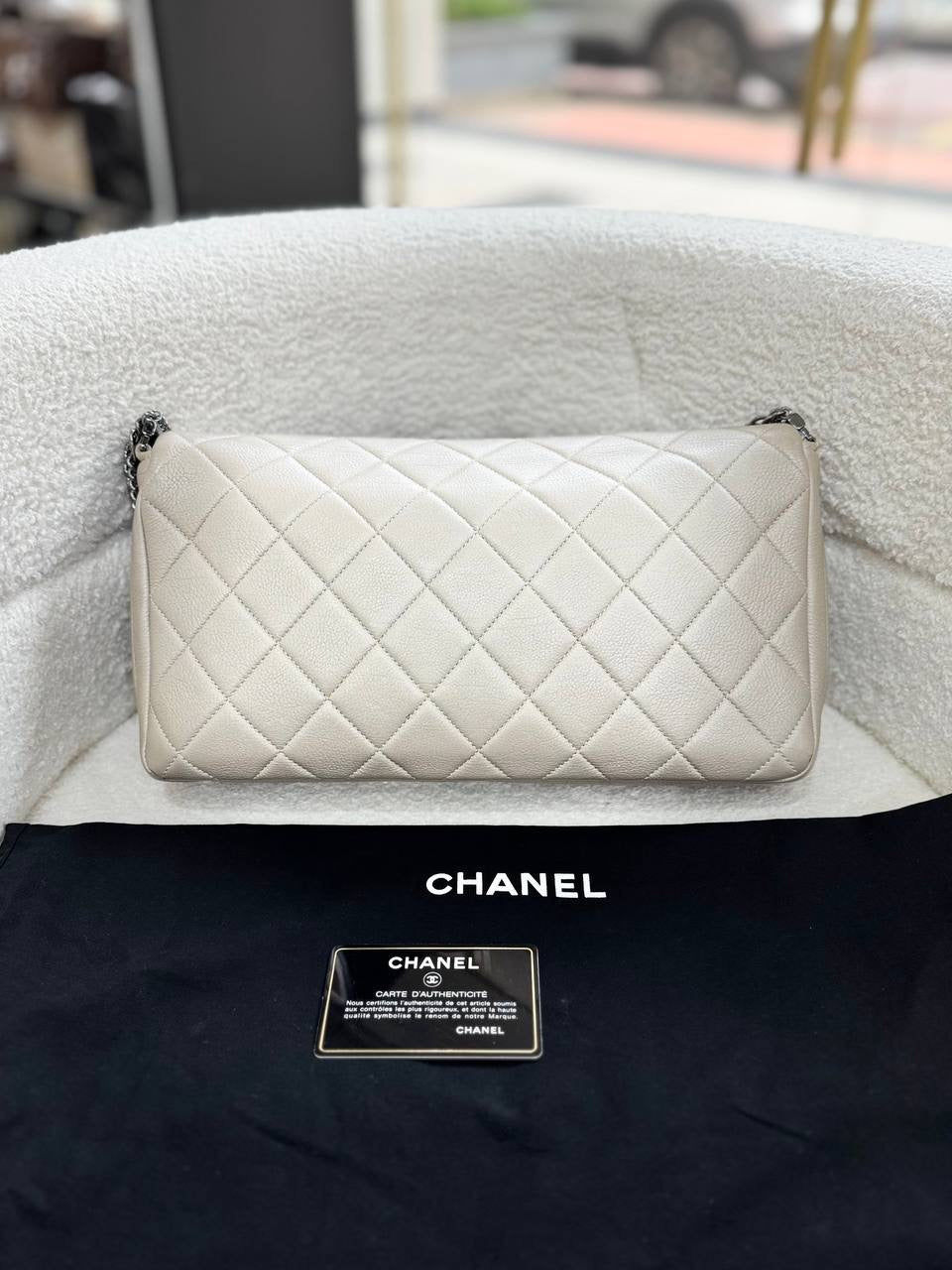 CHANEL Light Beige Grey Calfskin Single Flap Silver Hardware Shoulder Bag