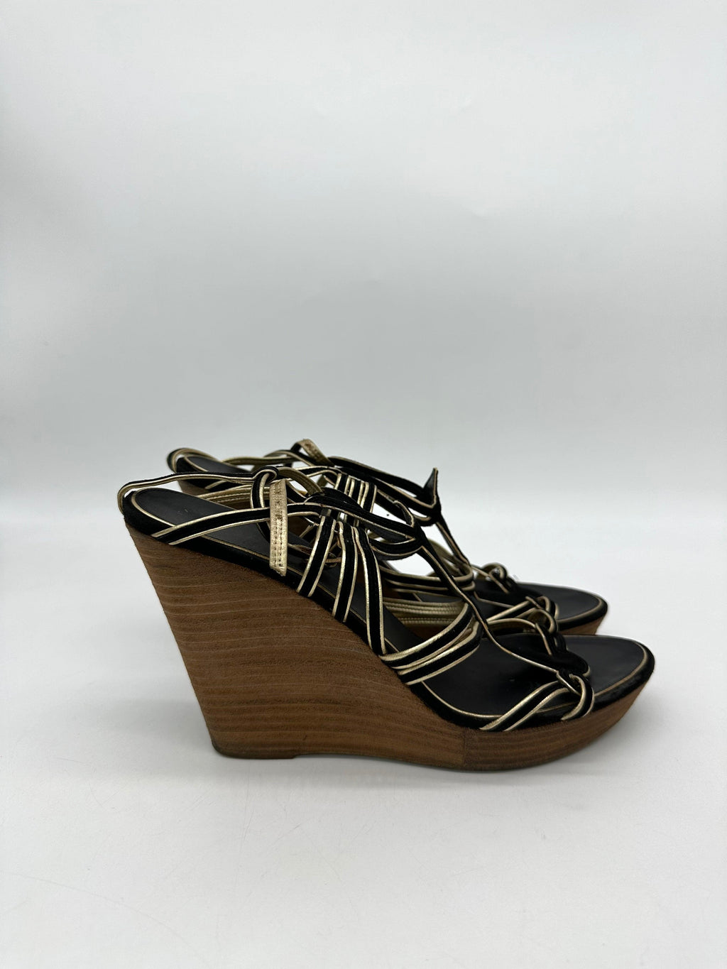 CHANEL Black/Gold Suede and Leather Wedge Sandals Size 39 - Reeluxs 