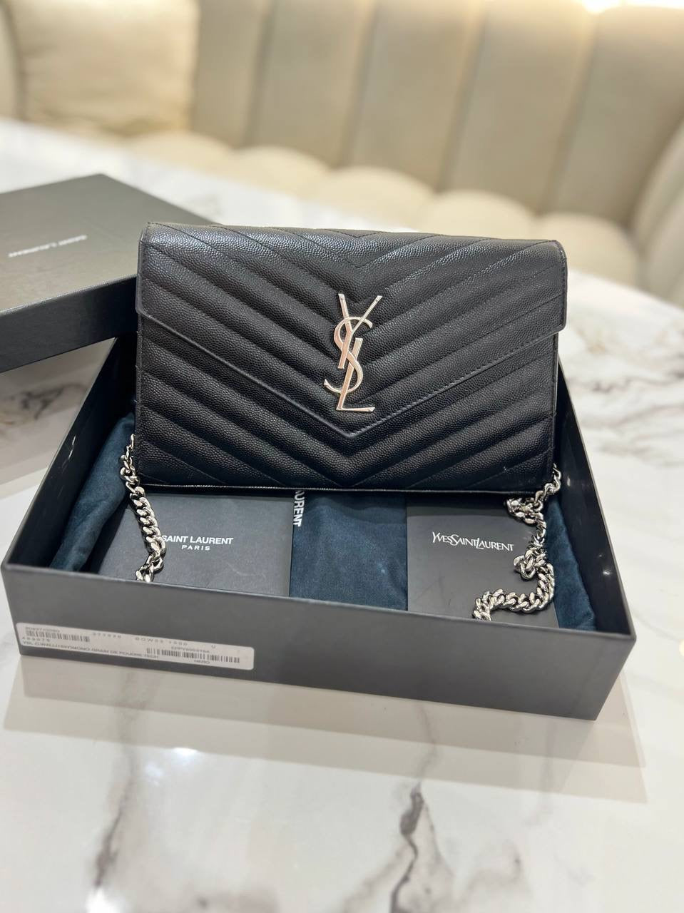YVES SAINT LAURENT YSL Cassandre Matelasse Envelope SHW Wallet On Chain WOC In Black