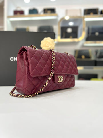 Full Set Microchip CHANEL Medium Shiny Graind Caviar Flap Burgundy Champagne Women Slingbag - Reeluxs 