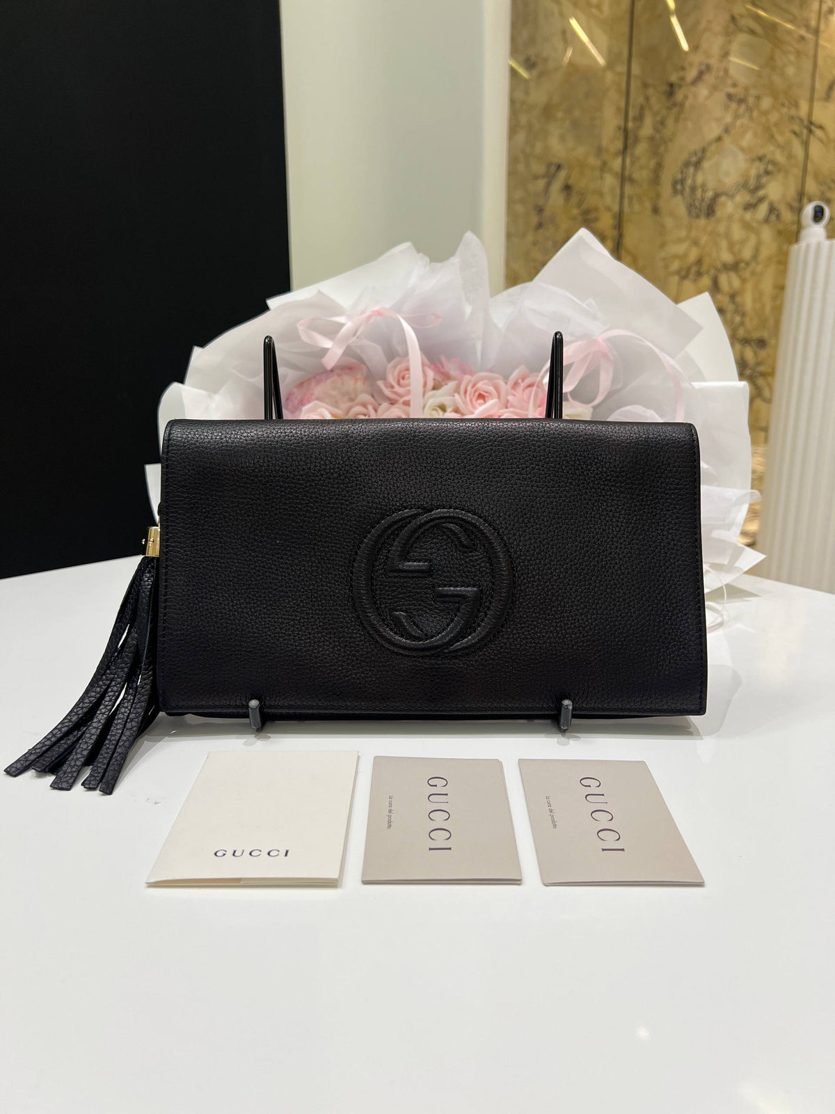 GUCCI Soho Leather Flap Clutch Bag