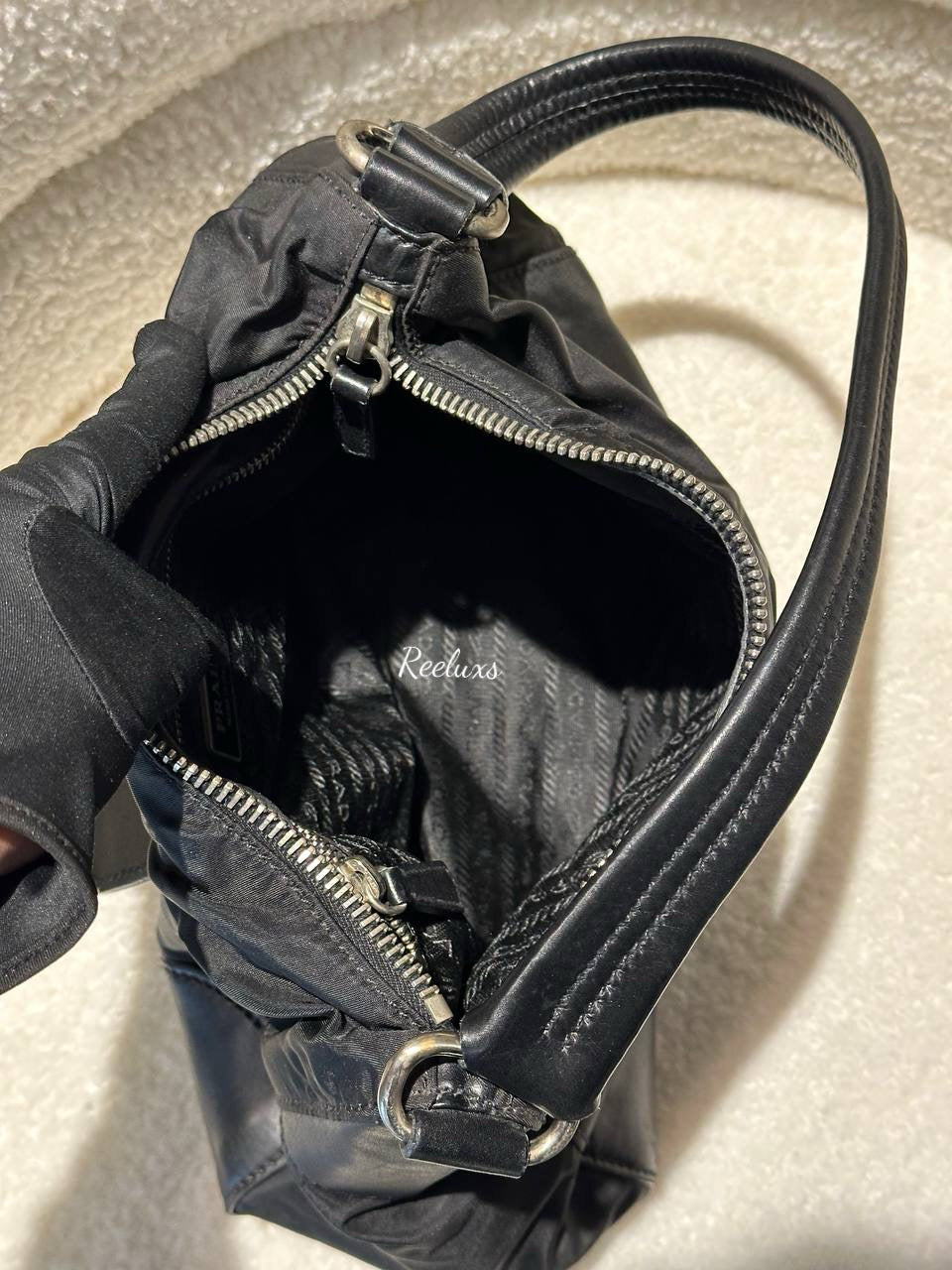 PRADA Tessuto Black Nylon Leather Hobo Bag / Shoulder Bag