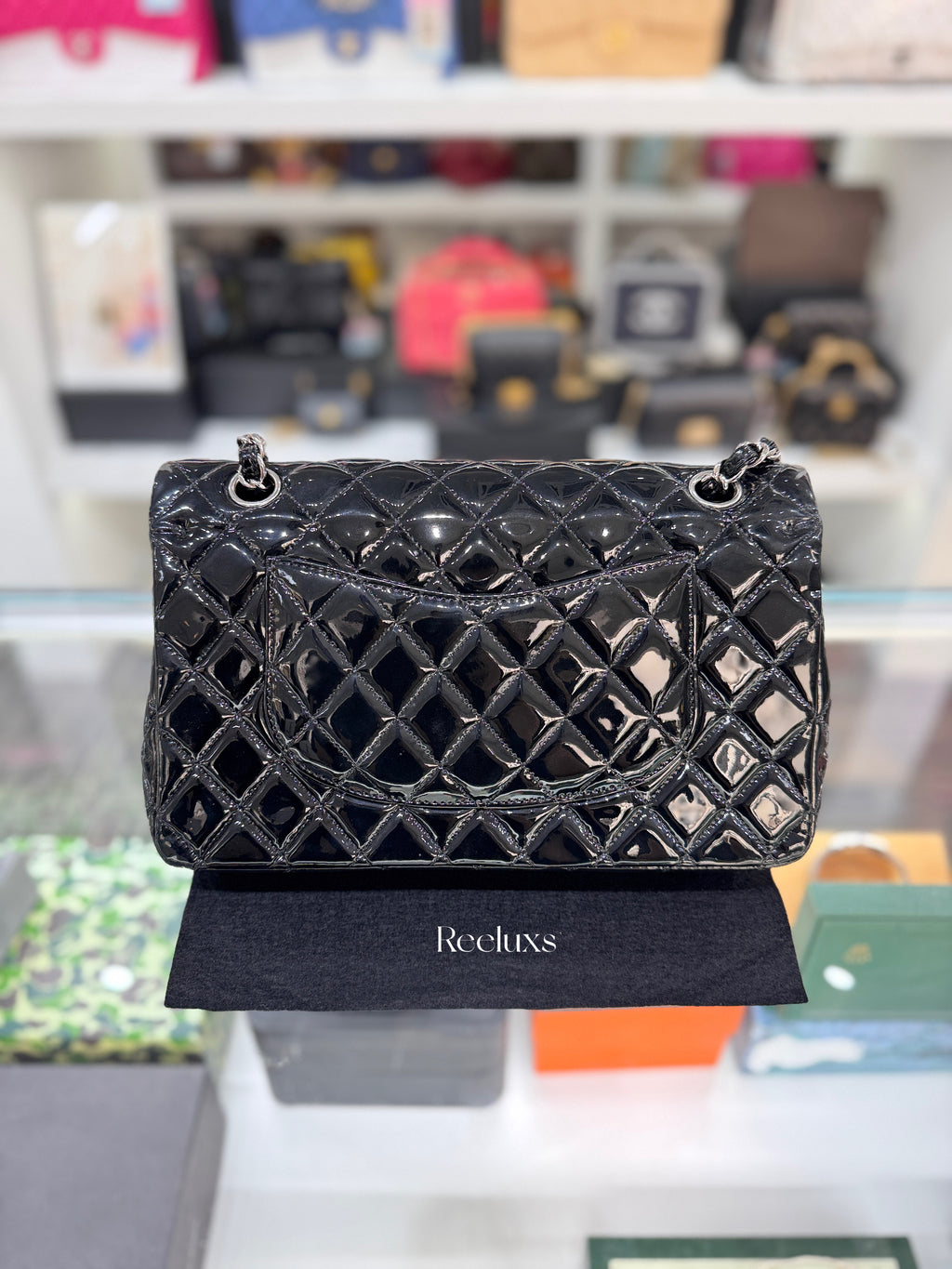 CHANEL Black Quilted Patent Leather Classic Medium Double Flap Bag