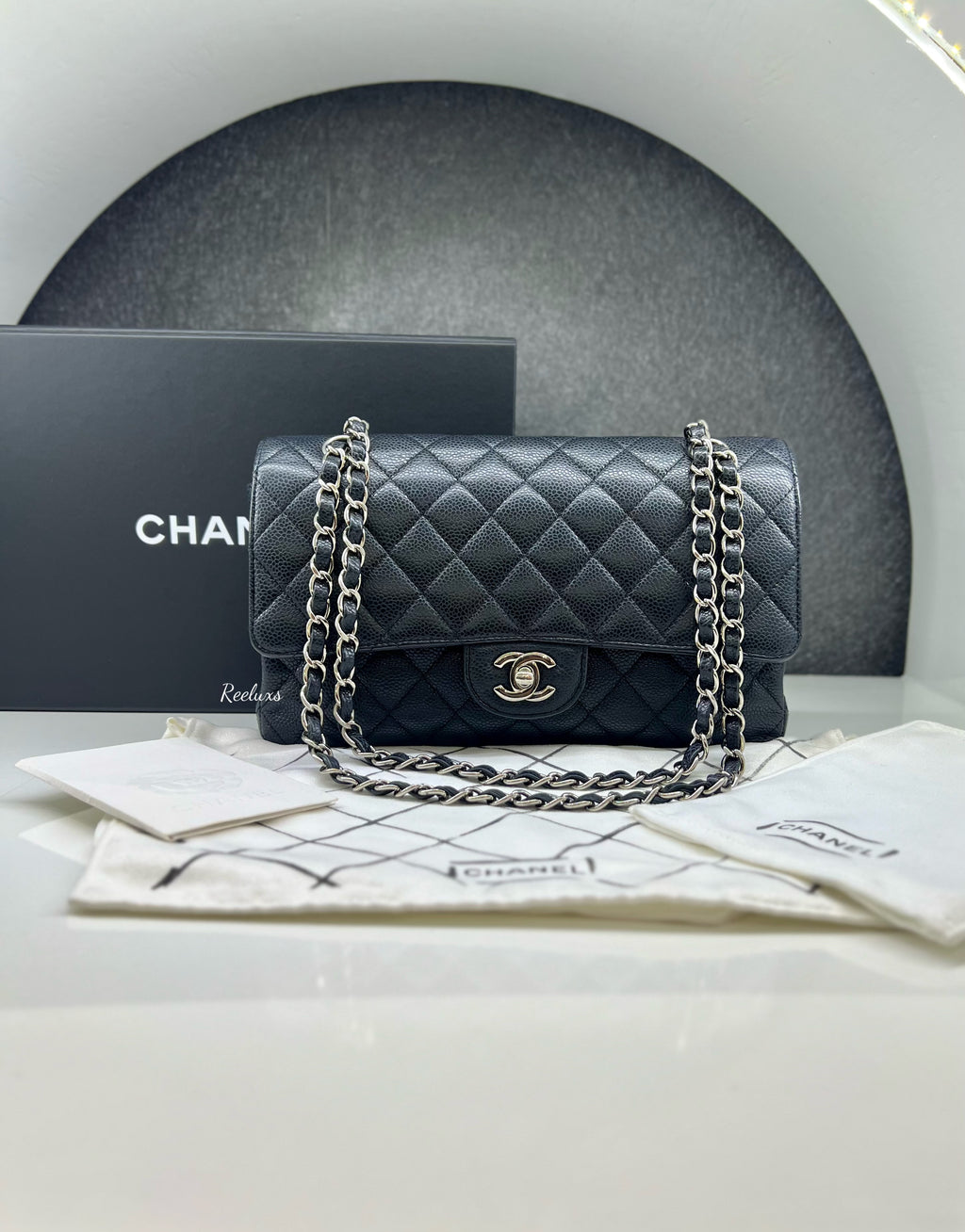 CHANEL Black Caviar Skin Classic Double Flap SHW Shoulder Bag