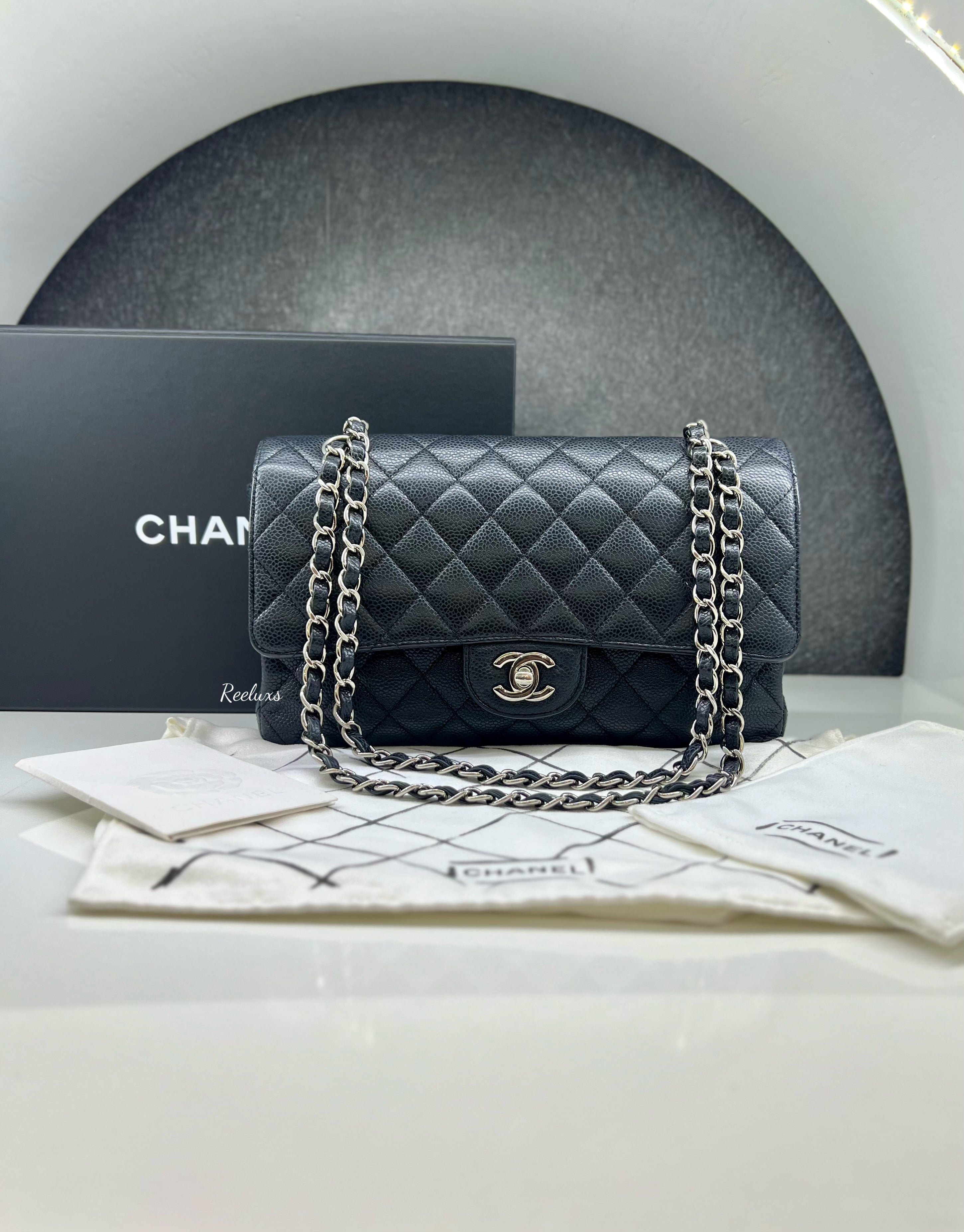 CHANEL Black Caviar Skin Classic Double Flap SHW Shoulder Bag