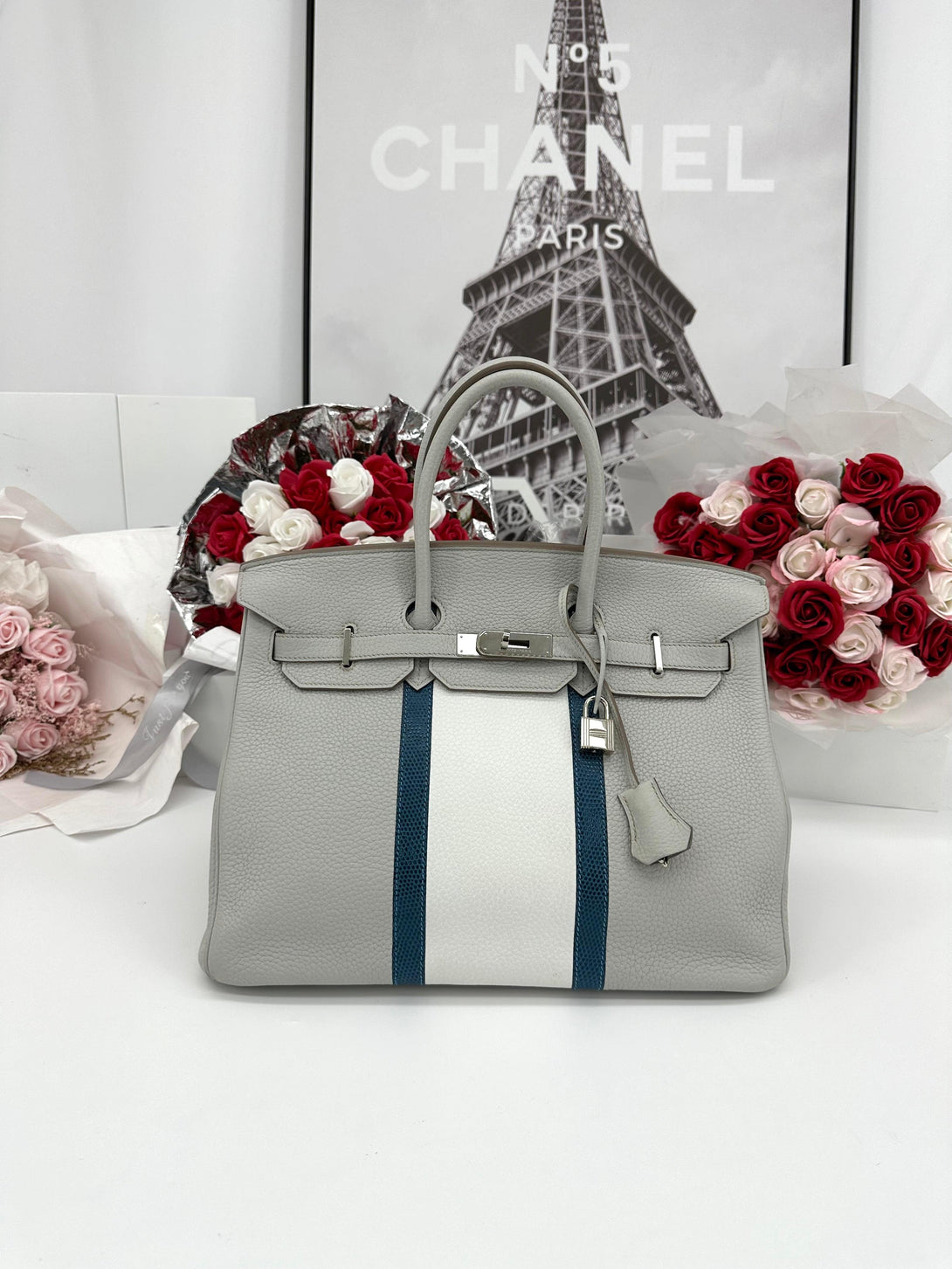 HERMES Birkin Club 35 Handbag In Grey, White Leather And Blue Lizard, Shw - Reeluxs 