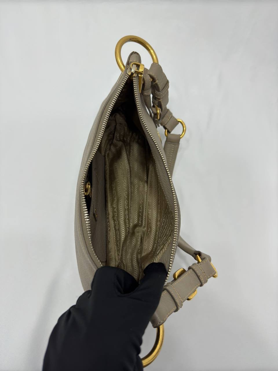 PRADA Belted Zip Shoulder Bag Vitello Daino Handbag