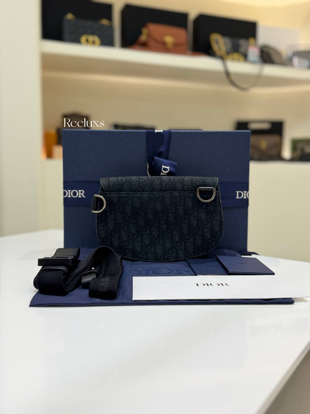 CHRISTIAN DIOR Saddle Messenger Bag Black Oblique Jacquard Canvas and Tonal Grained Calfskin Flap