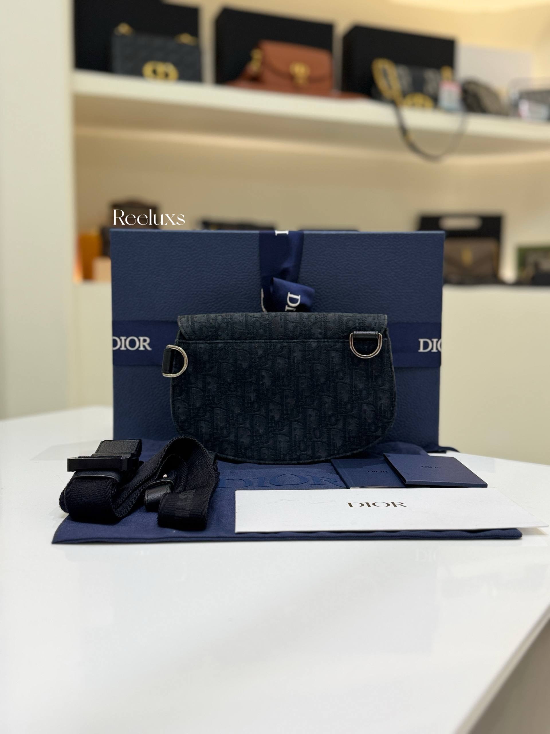 CHRISTIAN DIOR Saddle Messenger Bag Black Oblique Jacquard Canvas and Tonal Grained Calfskin Flap