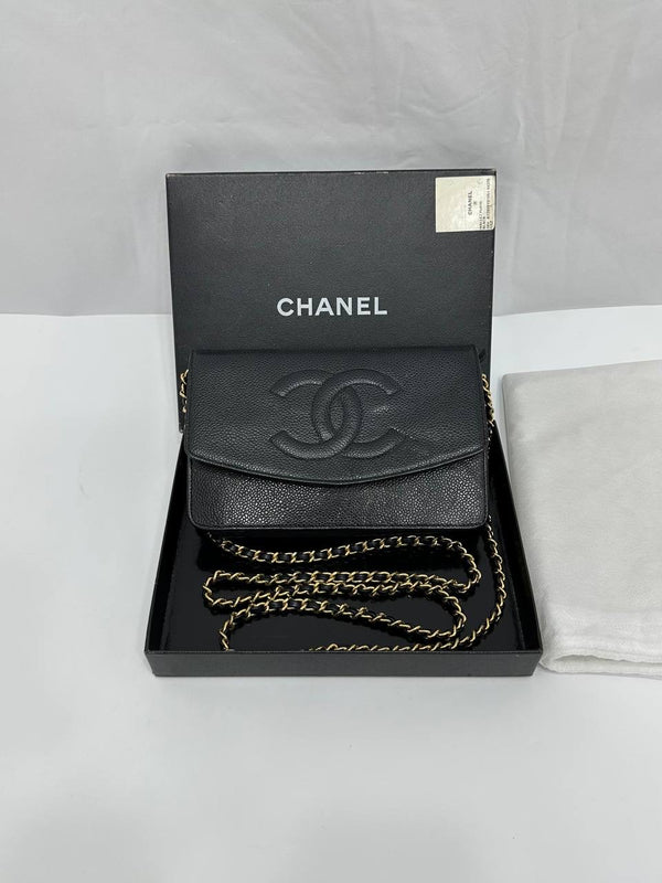 CHANEL Black Caviar CC Logo Timeless Wallet On Chain WOC