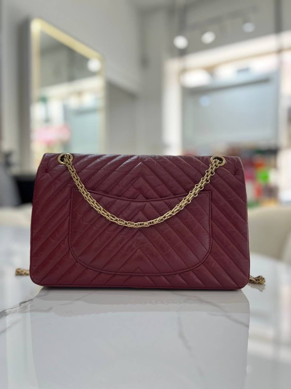 FULL SET CHANEL Chevron Reissue 255 Red Calfskin Double Flap Shoulder Bag GHW