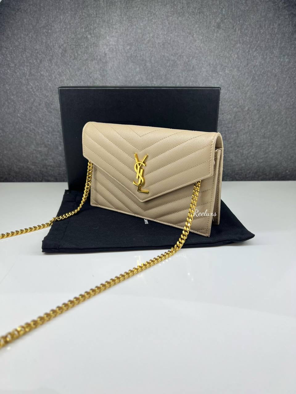 YVES SAINT LAURENT YSL Cassandra Leather Chain Wallet GHW Sling Bag( WOC )