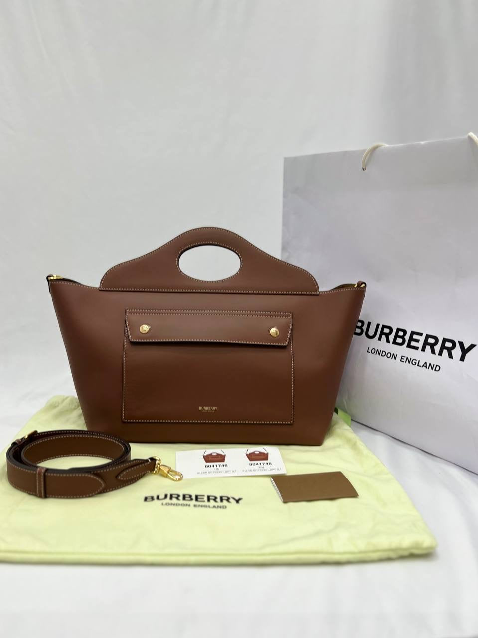 BURBERRY Small Soft Pocket Leather Tote Bag In Brown