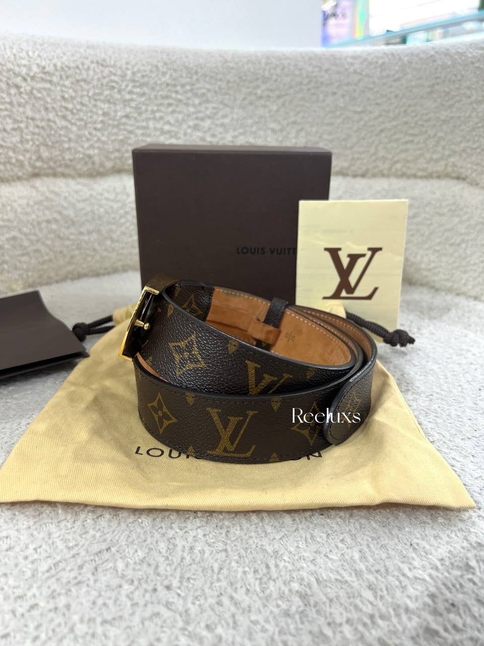 LOUSI  VUITTON Monogram Canvas Belt With a Gold-Tone LV