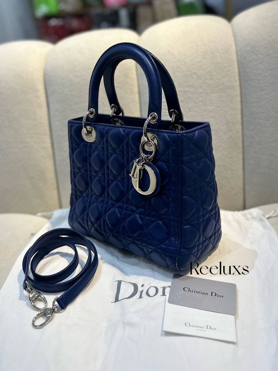 CHRISTIAN DIOR Blue Quilted Lambskin Medium Lady Dior Handbag