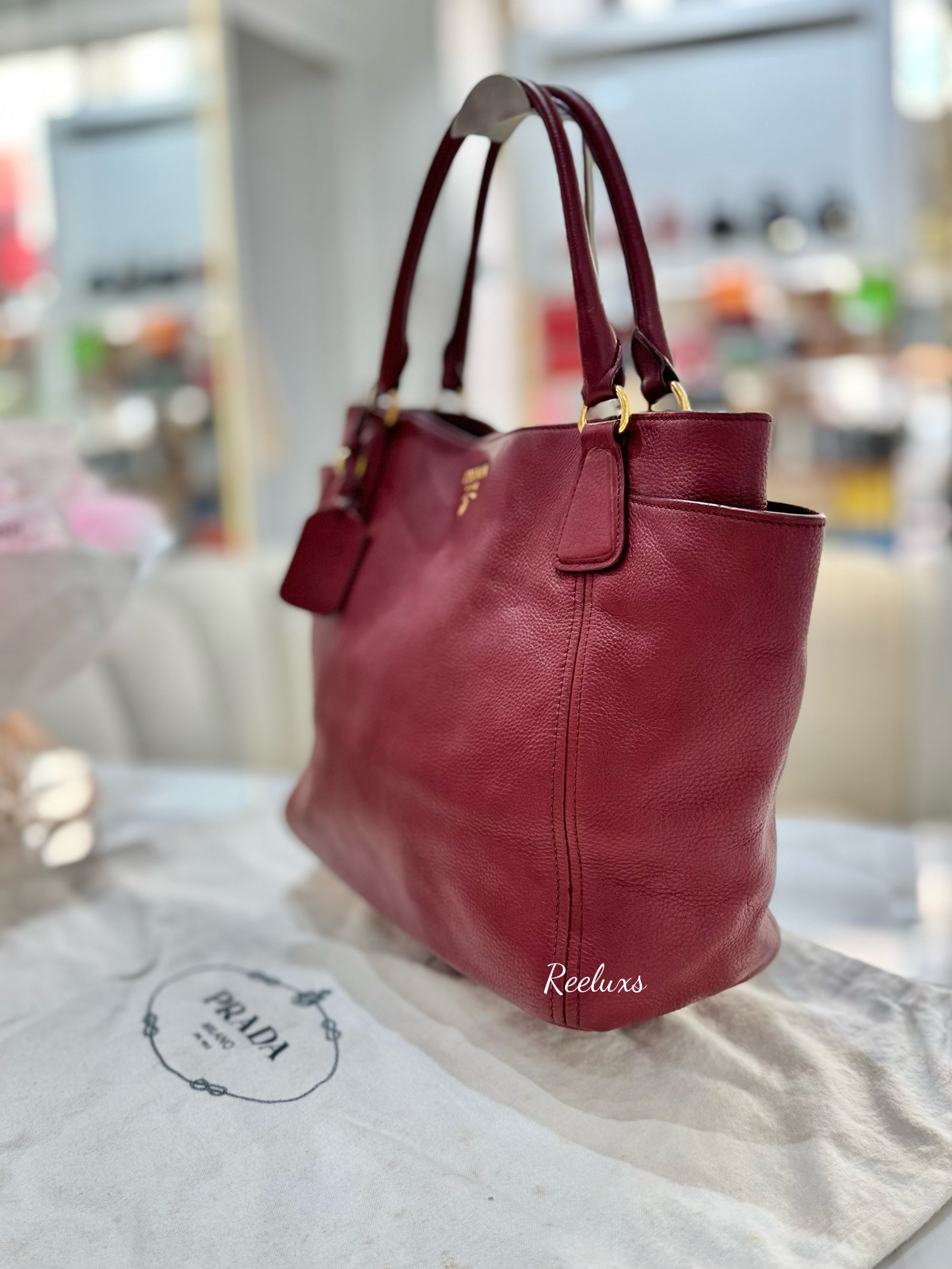 PRADA  Vitello Daino Leather Side Pocket Tote Bag