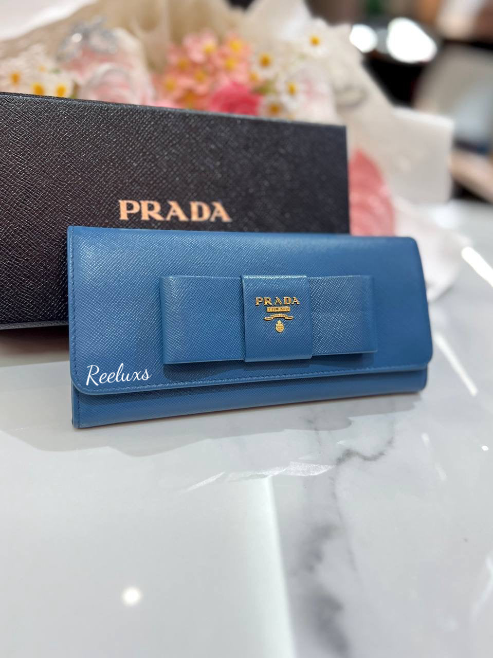 PRADA Saffiano Fiocco Ribbon 1M1132 Women's Saffiano Long Wallet (bi-fold) Bluette