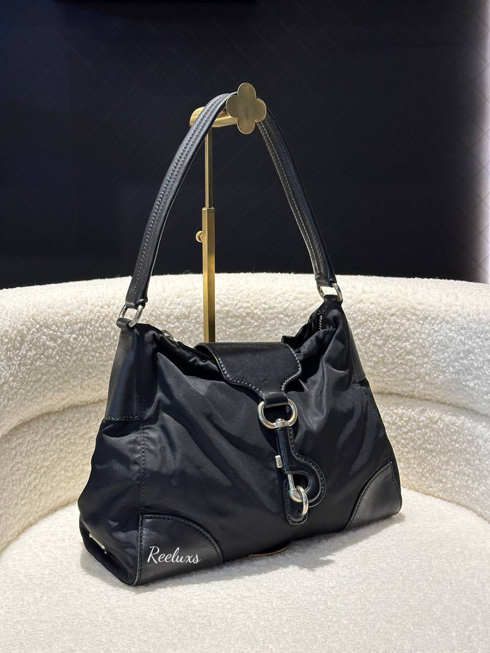 PRADA Tessuto Black Nylon Leather Hobo Bag / Shoulder Bag