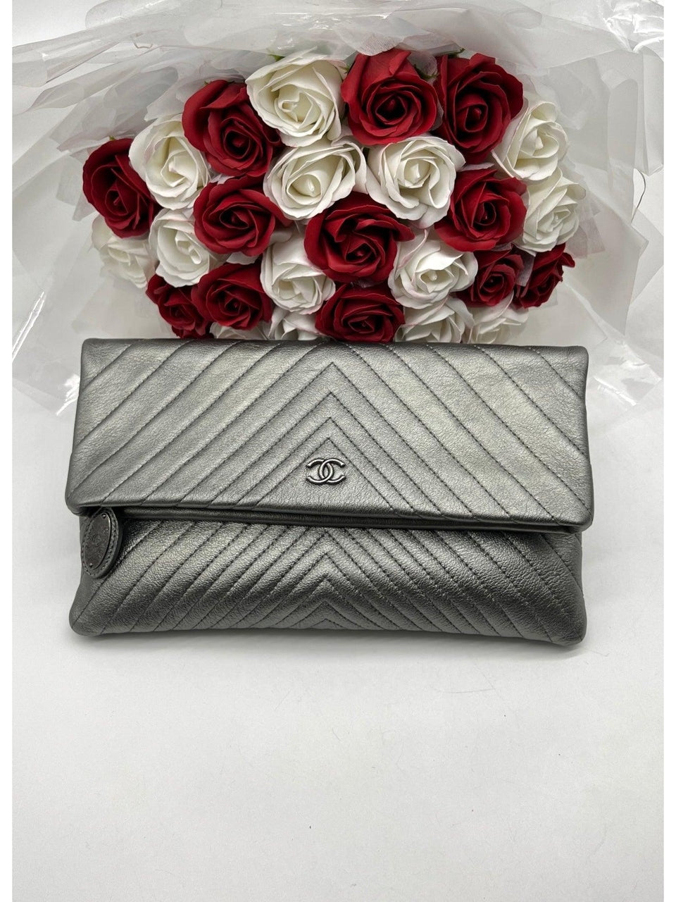 CHANEL CC Silver Metallic Flap Clutch - Reeluxs 