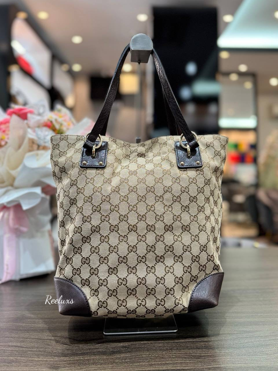 GUCCI GG Charm Canvas Brown Tote Handbag