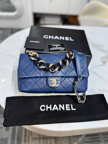 FULL SET CHANEL Resin Elegant Chain Flap Bag Quilted Lambskin Blue