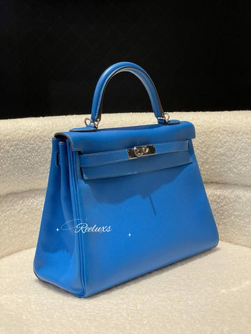 HERMES Kelly Handbag Blue Evercolor 32 With Palladium Hardware