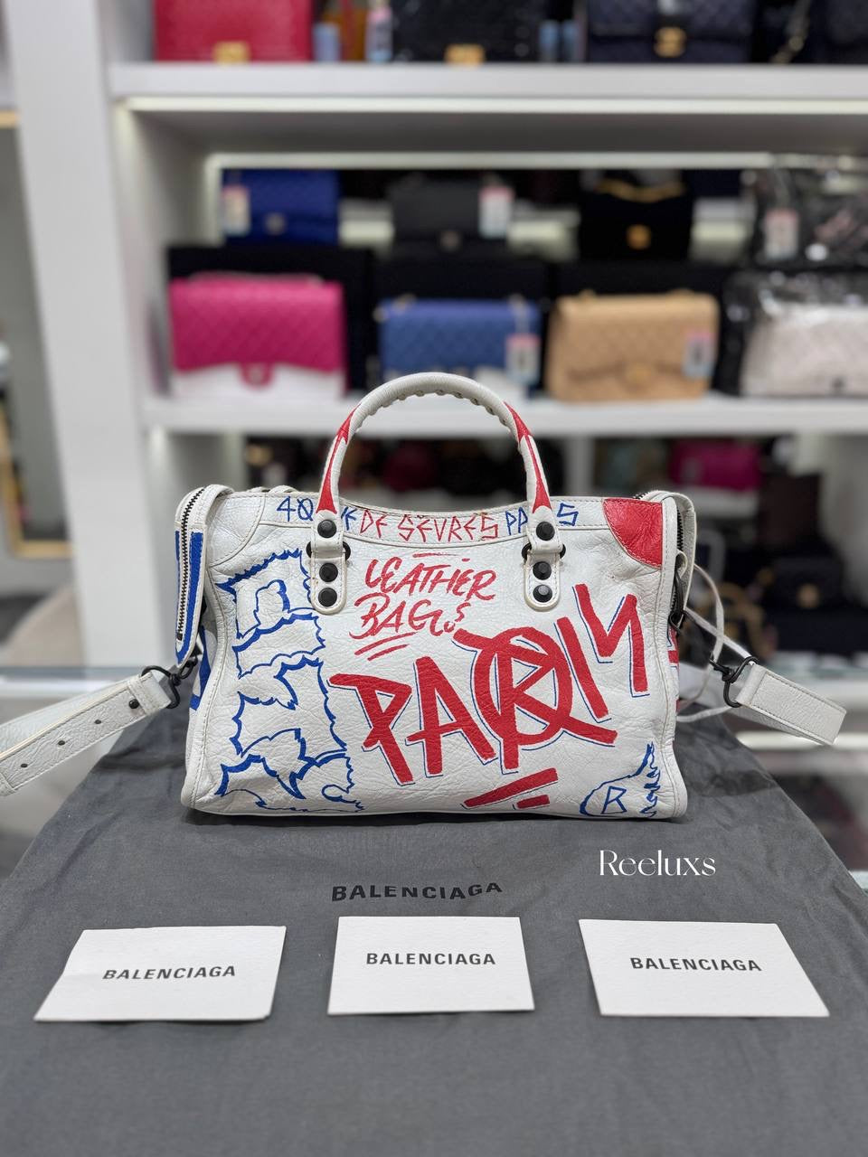 BALENCIAGA White Leather Graffiti City Handbag
