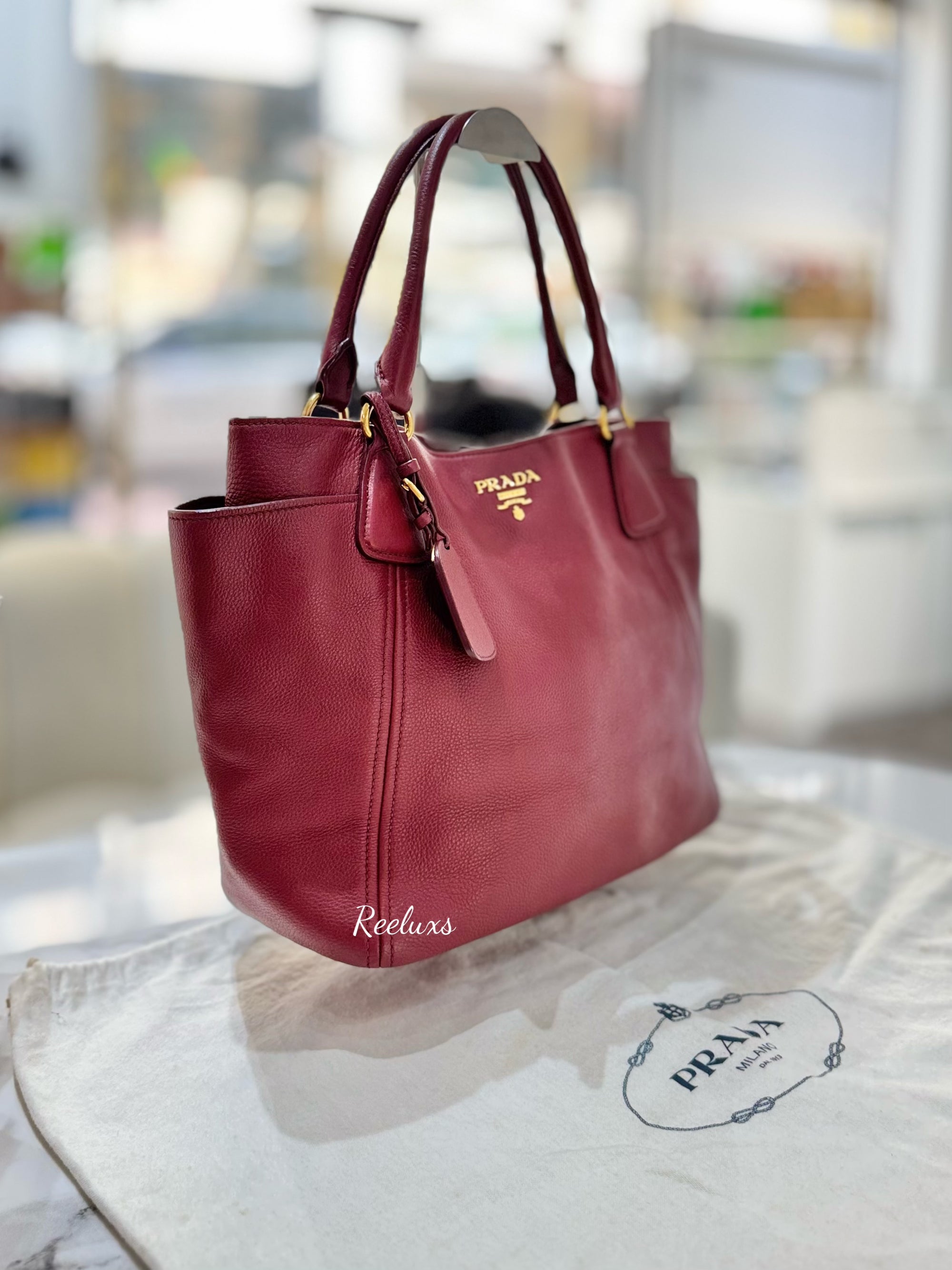 PRADA  Vitello Daino Leather Side Pocket Tote Bag