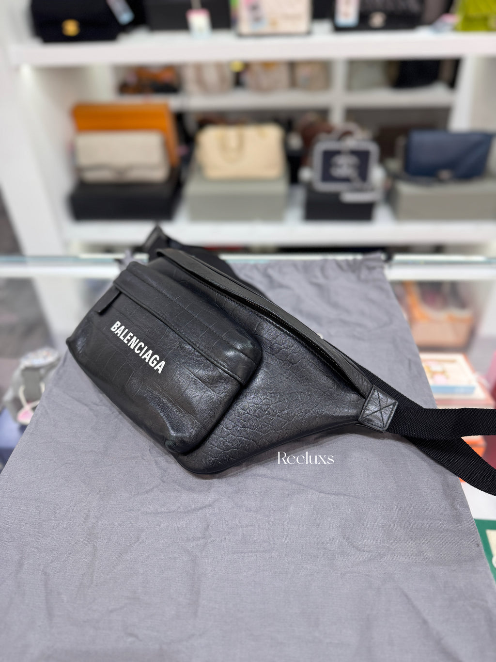 BALENCIAGA Everyday Belt Bag in Crocodile-Embossed Leather