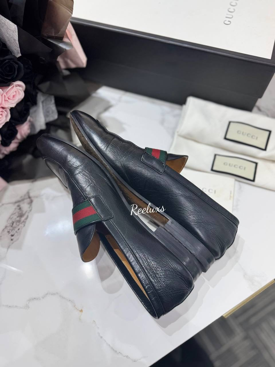 GUCCI Black Leather Marmont GG Loafers